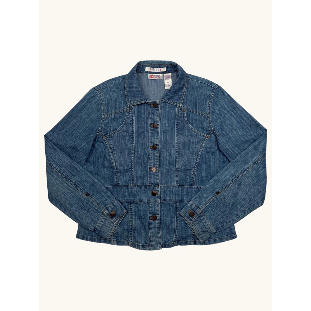 Bill Blass Jeanswear Womens Petite Large Blue Denim Stretch Button Front Jacket